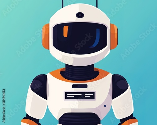 A cartoon-style robot astronaut with a sleek design and vibrant colors, set against a gradient blue background.