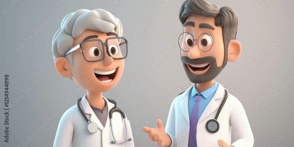 Friendly cartoon doctor with a stethoscope talking to a smiling patient. Friendly cartoon doctor with a stethoscope talking to a smiling patient.