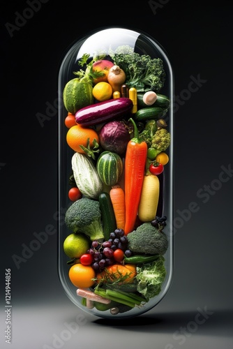 This captivating image showcases a variety of vibrant vegetables and fruits cleverly arranged inside a capsule, symbolizing the essence of health and wellness through natural nourishment. photo