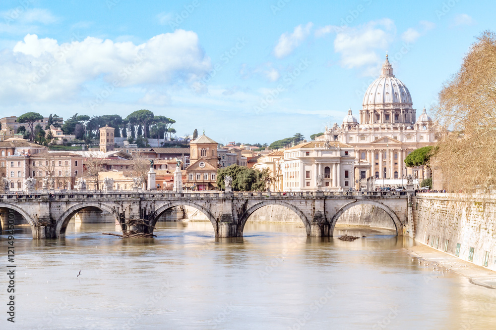 St peter's basilica and Tiber river, next jubilee 2025 St peter's basilica and Tiber river, next jubilee 2025