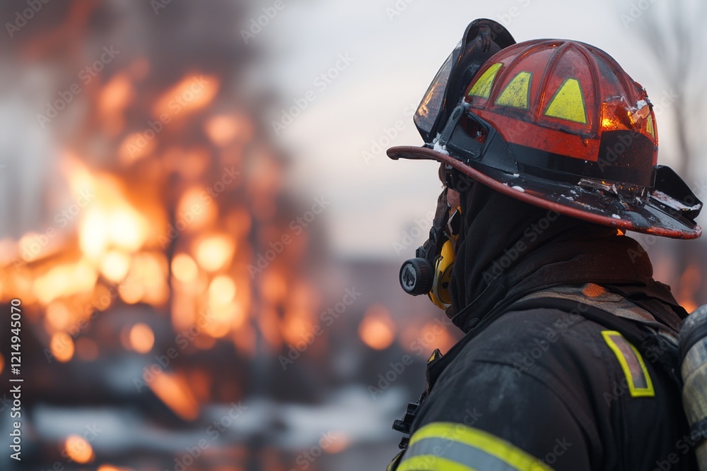 A firefighter looking concerned while staring at a blazing building, preparing for the next move A firefighter looking concerned while staring at a blazing building, preparing for the next move