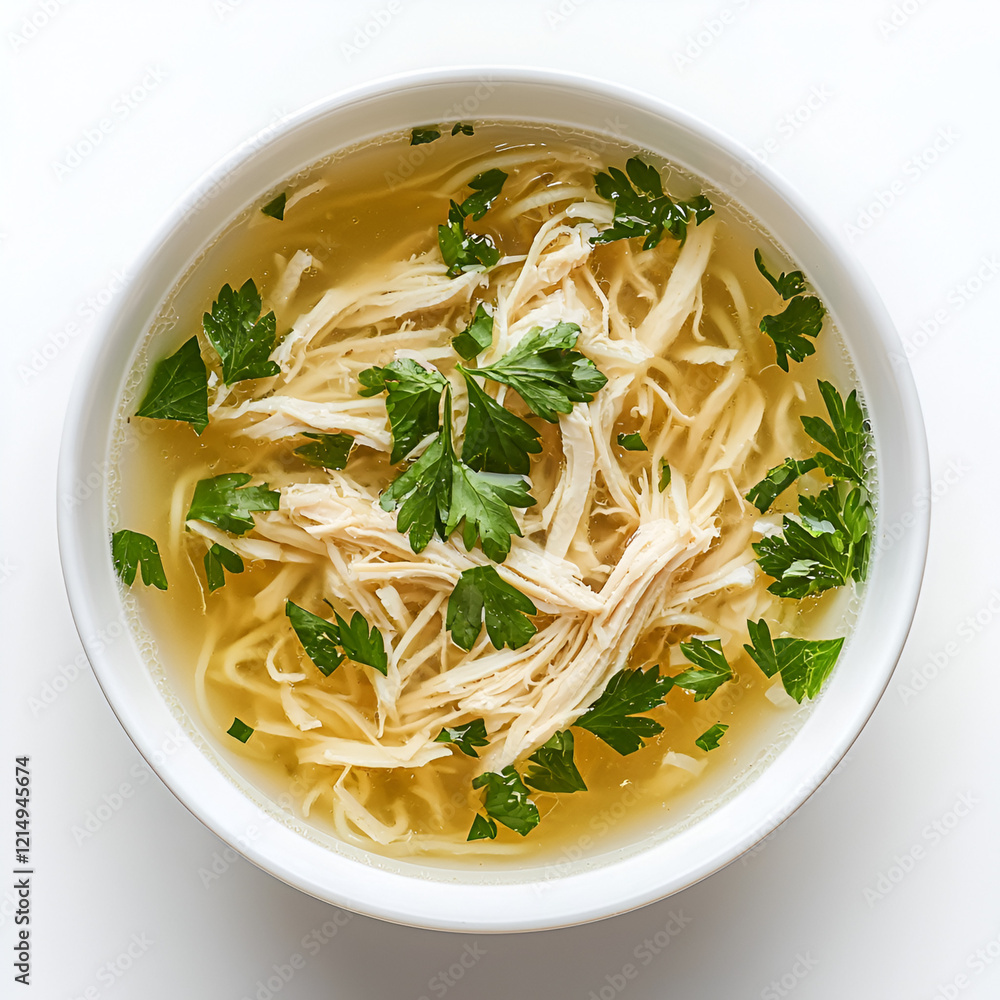 A bowl of chicken noodle soup garnished with fresh parsley. A comforting and delicious meal. A bowl of chicken noodle soup garnished with fresh parsley. A comforting and delicious meal.