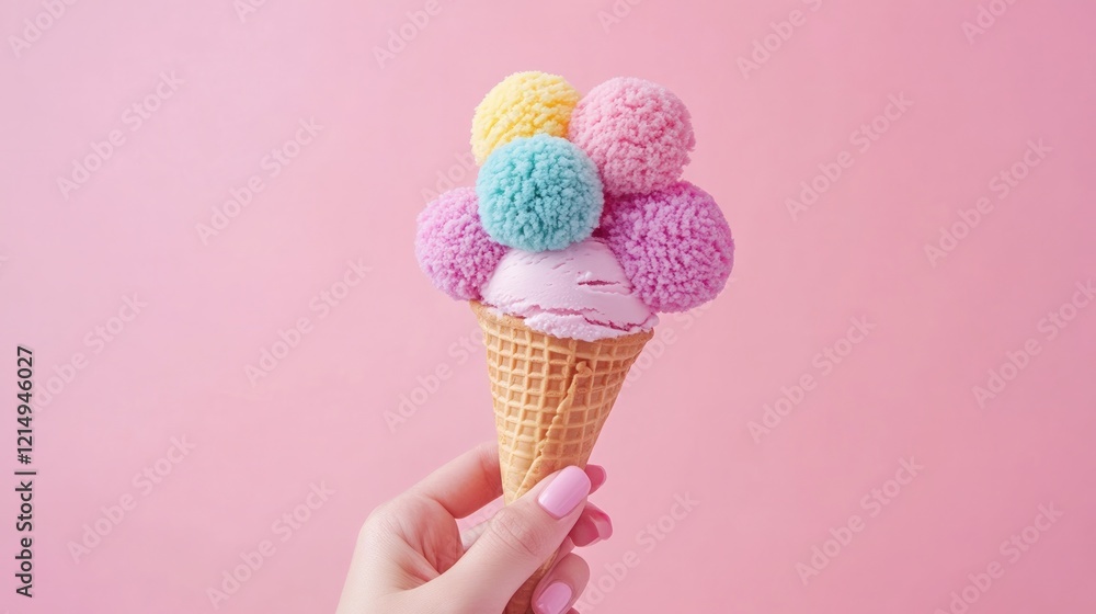 Hand holding a colorful ice cream cone. Soft pastel tones and minimalistic style, ideal for modern food photography or design projects. Joyful and refreshing visual appeal. Hand holding a colorful ice cream cone. Soft pastel tones and minimalistic style, ideal for modern food photography or design projects. Joyful and refreshing visual appeal.