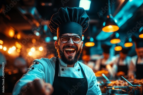 A furious chef shouting orders in a busy kitchen, with pots and pans clanging and steam filling the air photo