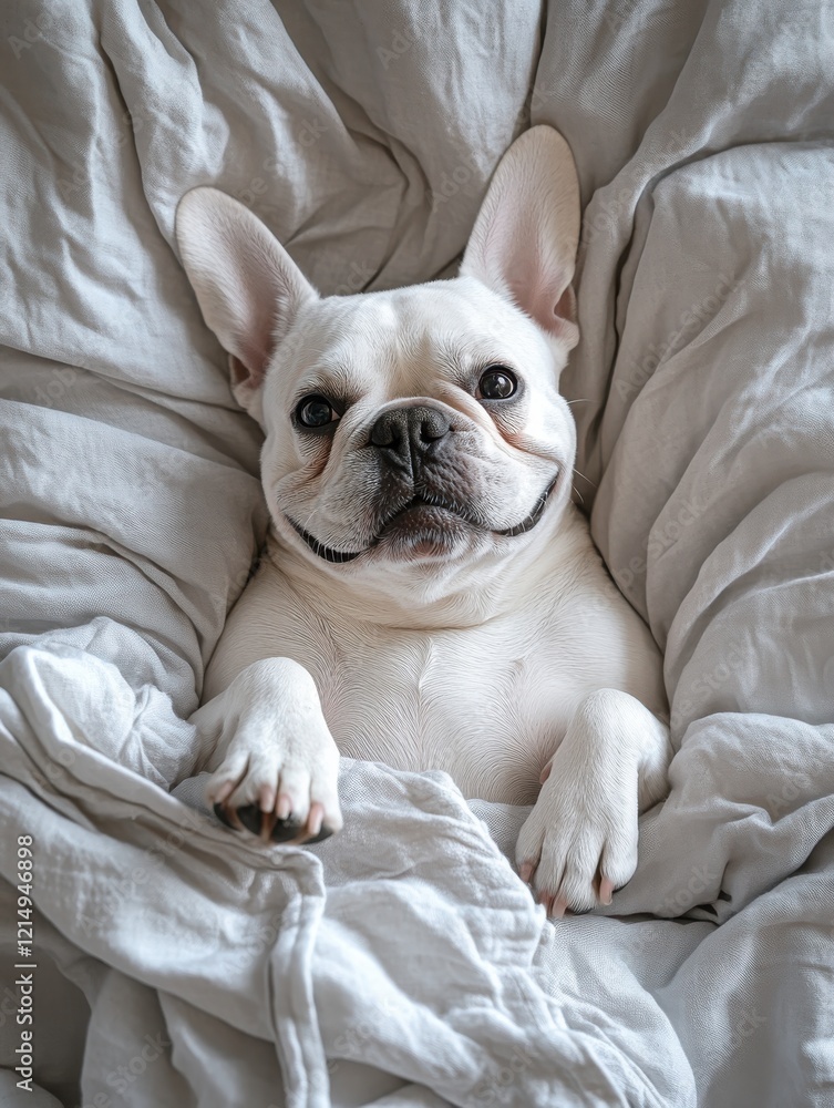 Charming French Bulldog Relaxing Comfortably in Cozy Bedding, Exuding Playful Personality and Irresistible Cuteness in Soft Natural Light Charming French Bulldog Relaxing Comfortably in Cozy Bedding, Exuding Playful Personality and Irresistible Cuteness in Soft Natural Light