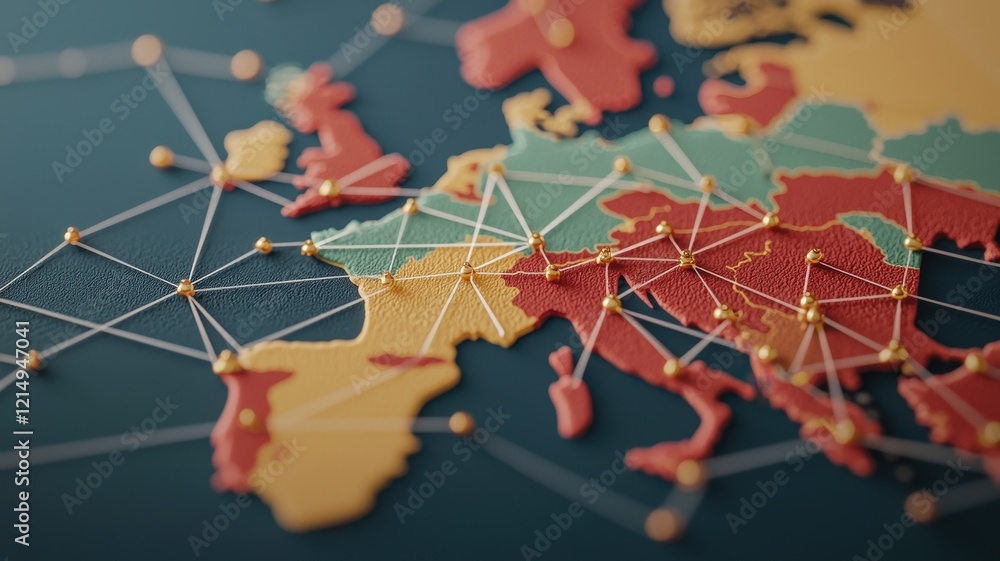 Location Intelligence concept. A detailed map of Europe highlighting connections and regions with vibrant colors. Location Intelligence concept. A detailed map of Europe highlighting connections and regions with vibrant colors.