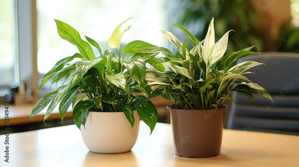 Fototapeta premium Indoor plants on a shared workspace table.
