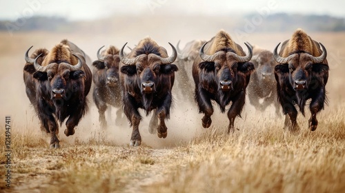 A herd of wild buffalo charges across the plains, kicking up dust as they move together in unison