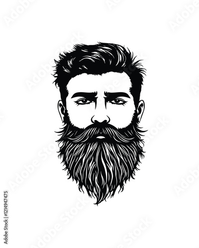 Bearded man with mustache front profile vector, showcasing intricate details and expressive features