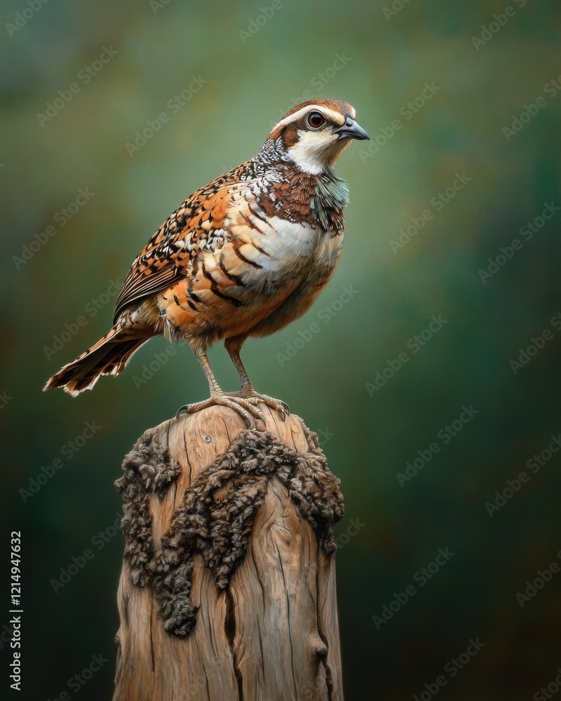 Obraz premium A beautifully detailed portrait of a quail perched gracefully on a weathered wooden post, showcasing its vibrant plumage against a softly blurred green background.