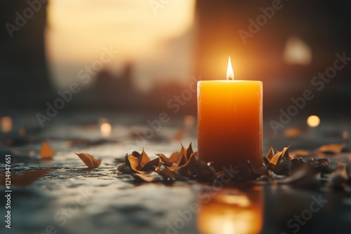 A gothic-style depiction of a single candle burning brightly in an ornate, dark chamber, with soft light reflecting off its intricate surroundings photo