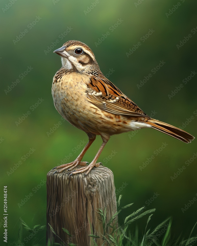 A beautifully rendered portrait of a sparrow perched on a wooden stump, showcasing its intricate feather patterns and expressive gaze against a lush green background. A beautifully rendered portrait of a sparrow perched on a wooden stump, showcasing its intricate feather patterns and expressive gaze against a lush green background.