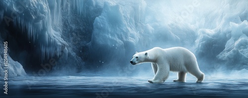 A solitary polar bear navigates the icy expanse of the Arctic, surrounded by breathtaking blue tones and formidable ice formations, showcasing the raw beauty of nature's frozen landscape. photo