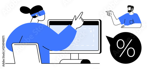 Two individuals engage in a virtual discussion, pointing at a computer screen with a percentage symbol. Ideal for teamwork, remote work, data analysis, communication, technology, financial planning