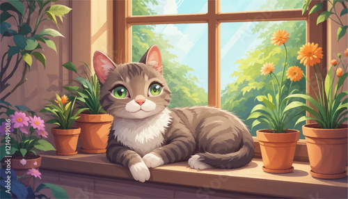 A whimsical tabby cat with bright green eyes lounging on a sunny windowsill surrounded by colorful potted plants, illustrated in vibrant vector style.
