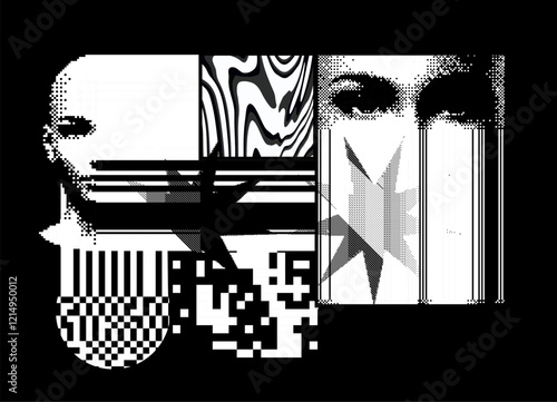Brutalism inspired vector graphics collage made with simple geometric shapes, grunge texture, and distrssed  pixelated image of human face. Futuristic poster art and digital print design.