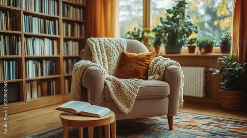 A cozy library corner with a soft chair and an open book 