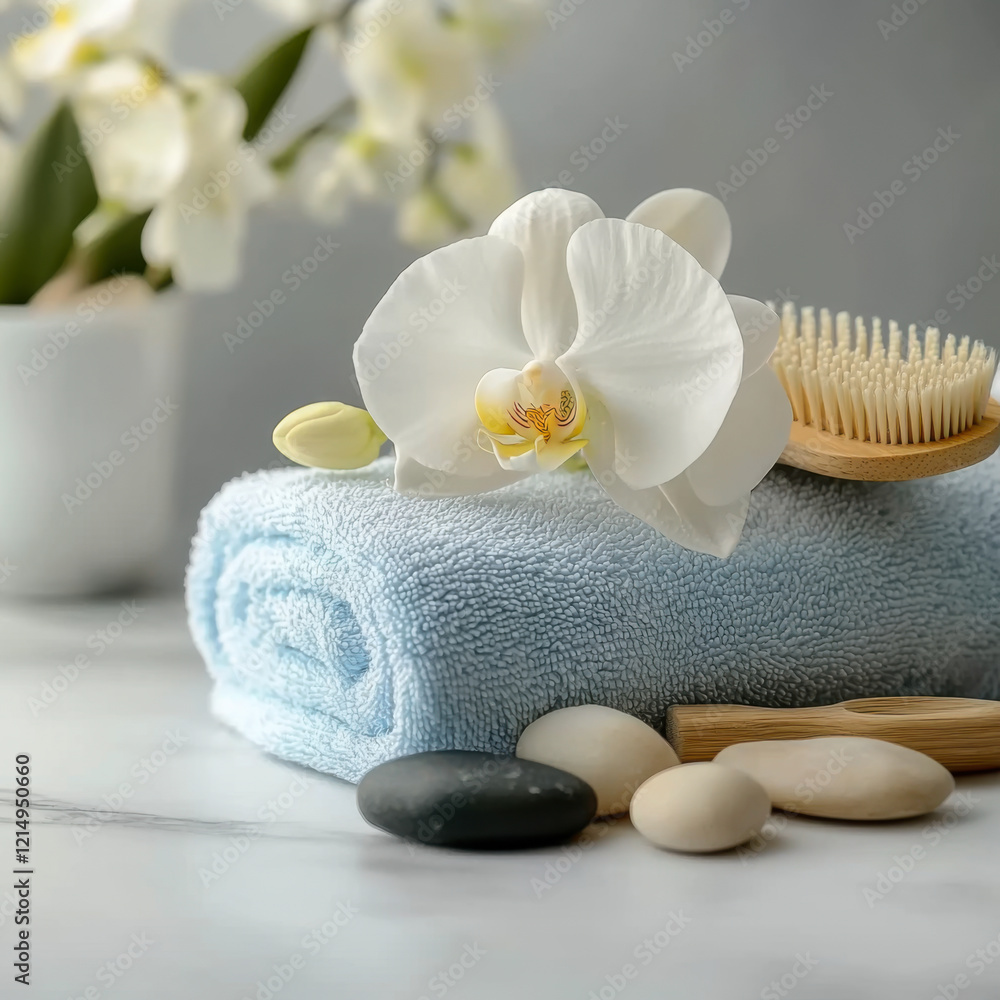 Relaxing spa scene with a white and blue rolled up towel Relaxing spa scene with a white and blue rolled up towel