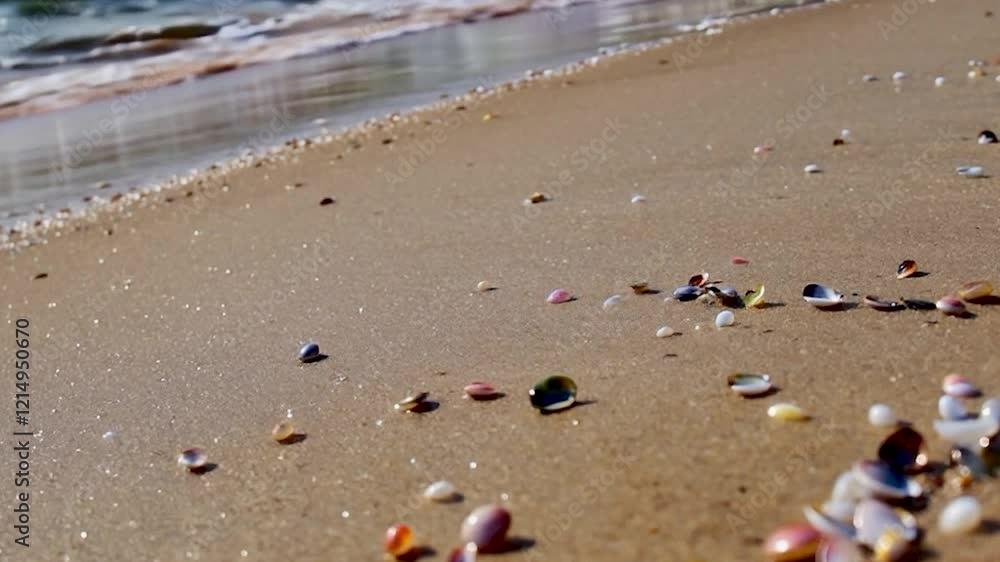 A sandy beach with small shells and rocks scattered on the sand, with waves crashing in the background. A sandy beach with small shells and rocks scattered on the sand, with waves crashing in the background.