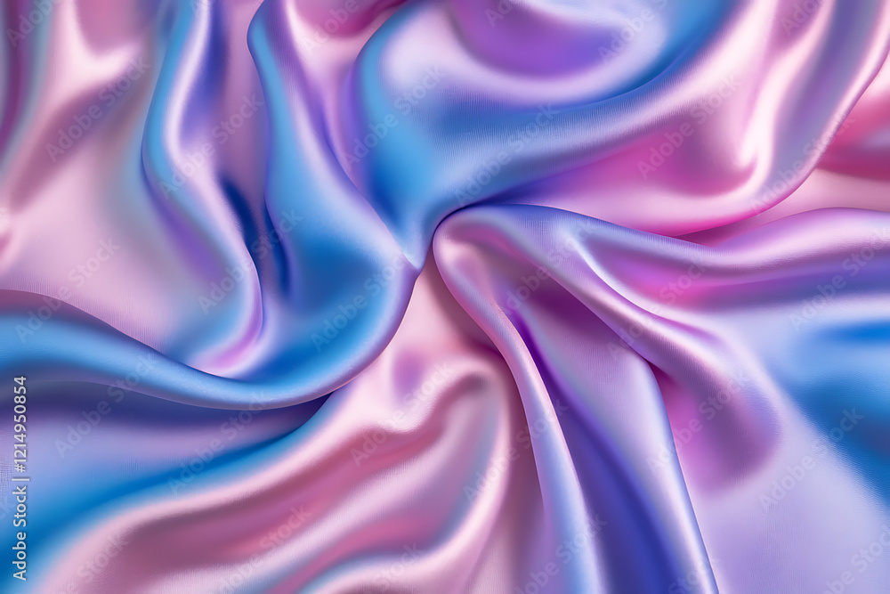 Fototapeta premium Abstract background with wavy pink and blue neon satin fabric texture. Shiny satin cloth for design, print, or wallpaper in a pastel purple color. Soft waves of silk fabric.