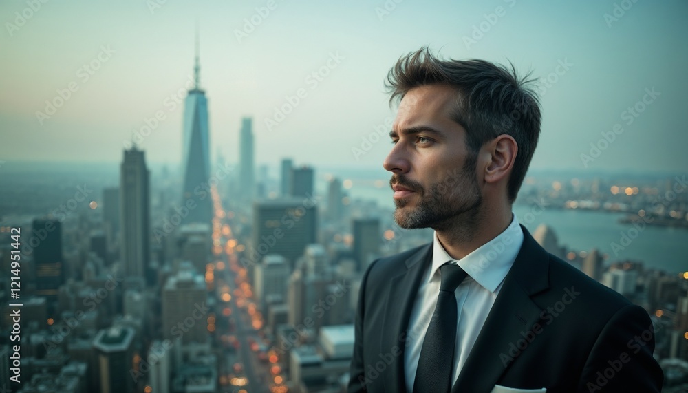 Contemplative businessman overlooking Manhattan skyline at dusk Contemplative businessman overlooking Manhattan skyline at dusk