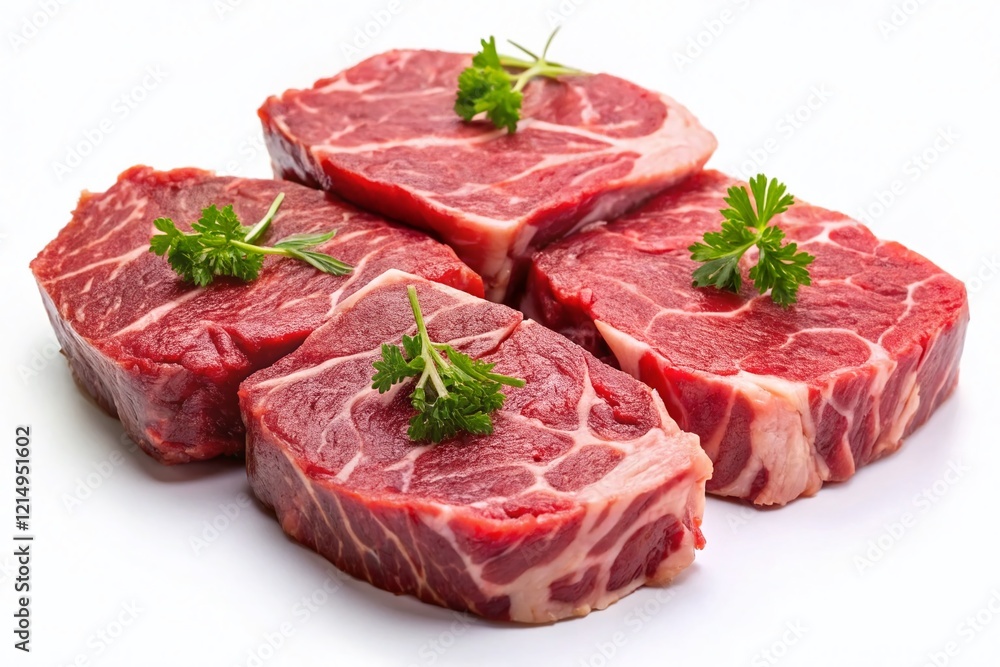 Fresh Raw Beef Steaks: Macro Photography of Marbled Cuts Isolated on White
