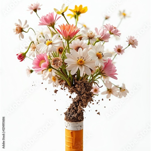 A powerful image of a broken cigarette transforming into blooming flowers photo