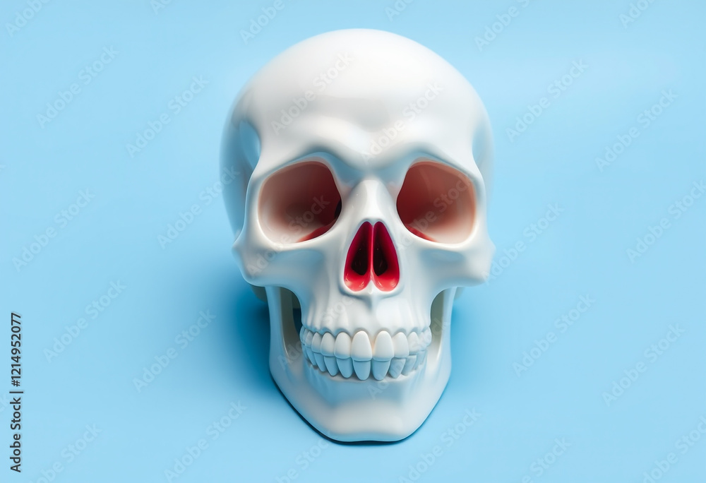 Obraz premium White human skull model on a blue background