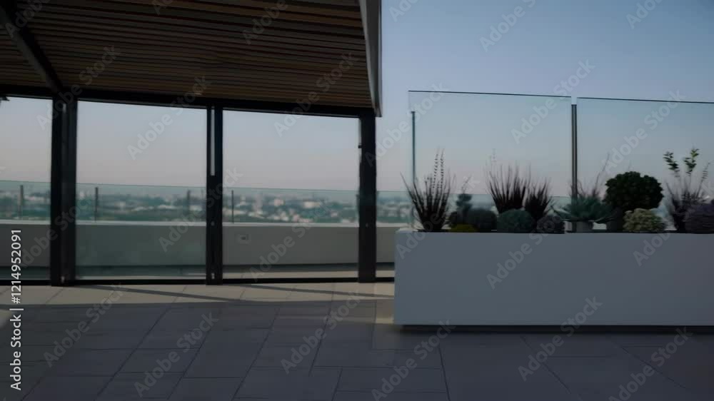 Empty outdoor roof terrace with potted plants in minimal style Empty outdoor roof terrace with potted plants in minimal style