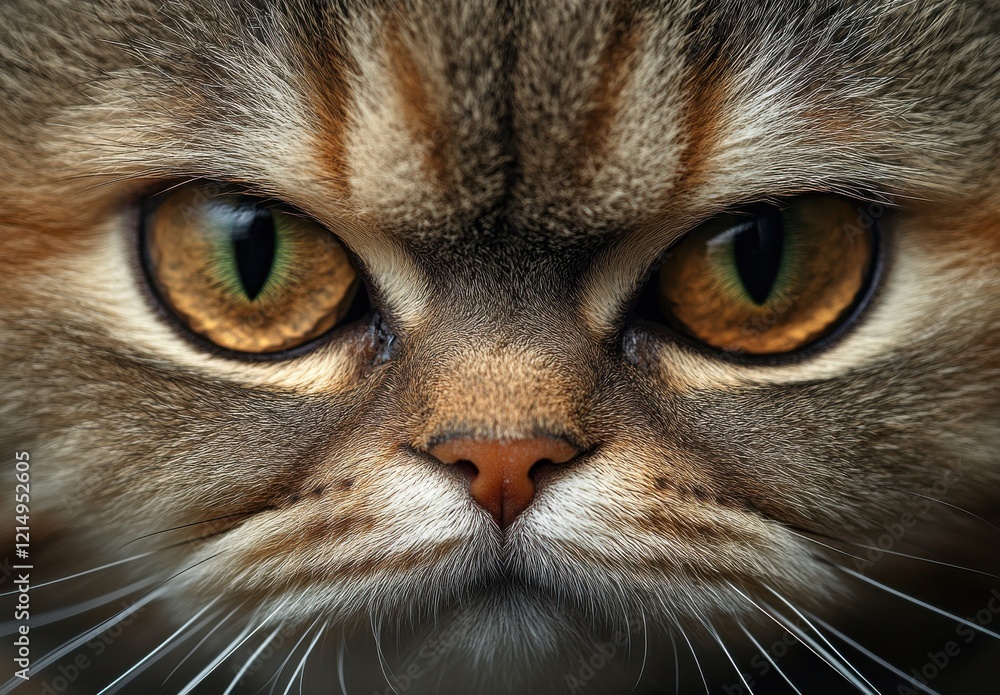 Close-up of a fluffy cat’s face showcasing striking green and amber eyes, featuring detailed fur patterns, giving an intense yet adorable expression in natural lighting