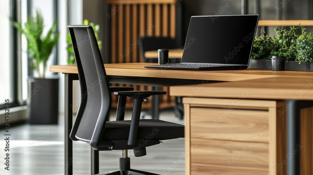 Modern office workspace featuring a sleek wooden desk, ergonomic chair, and laptop with greenery in background Modern office workspace featuring a sleek wooden desk, ergonomic chair, and laptop with greenery in background