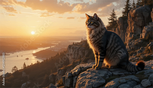 A majestic Maine Coon cat standing proudly on a rocky cliff overlooking a golden sunset, created with fine vector detailing.