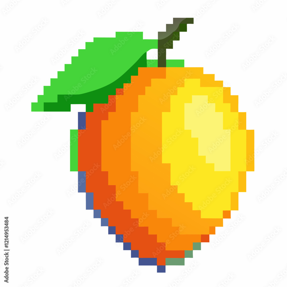 Fototapeta premium Pixelated Orange Fruit with Green Leaf on White Background