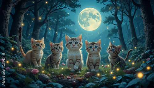 A group of playful kittens chasing fireflies in a magical forest, illuminated by moonlight, captured in a detailed vector art style.