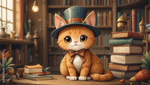 A charming ginger cat wearing a little hat and bow tie, sitting beside a stack of books in a cozy library, illustrated in a whimsical vector style.