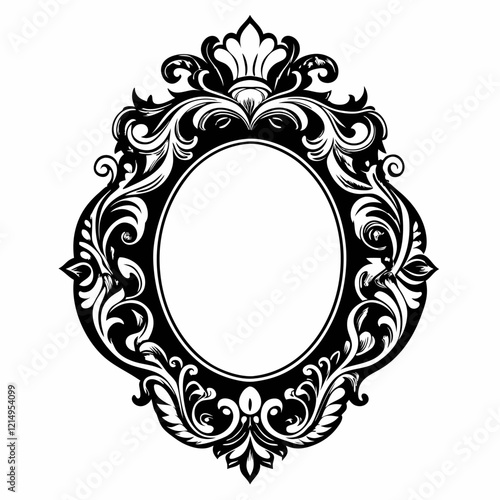 A black and white framed oval with a floral design
