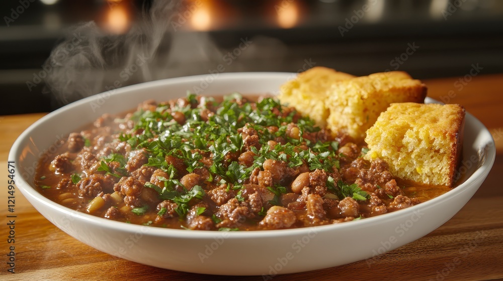Aromatic Steaming Chili with Fresh Herbs Served with Golden Cornbread Aromatic Steaming Chili with Fresh Herbs Served with Golden Cornbread