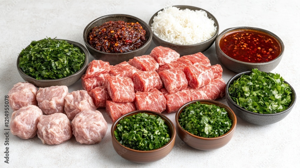 Assortment of Raw Meat, Rice, and Sauces Ready for Cooking Assortment of Raw Meat, Rice, and Sauces Ready for Cooking