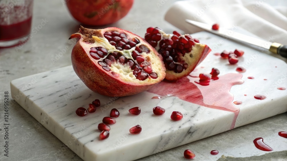 A pomegranate cut open on a white marble chopping board, revealing its seeds inside, with some juice dripping down onto the board., white, table setting, juicy, marble A pomegranate cut open on a white marble chopping board, revealing its seeds inside, with some juice dripping down onto the board., white, table setting, juicy, marble