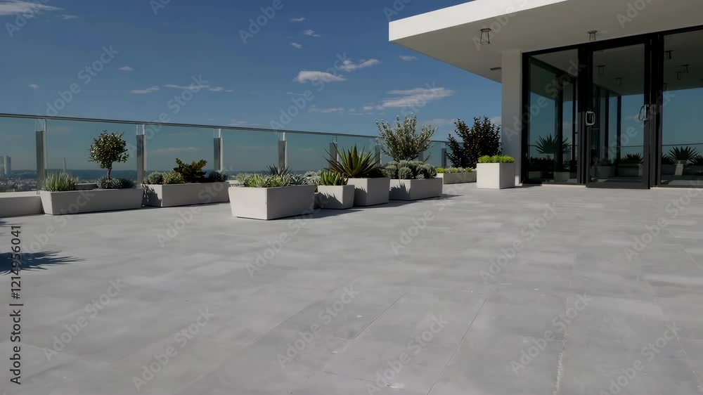 Empty outdoor roof terrace with potted plants in minimal style Empty outdoor roof terrace with potted plants in minimal style