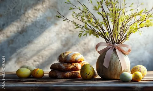 Freshly picked willow branches tied with a pastel ribbon, displayed in a rustic vase beside a stack of traditional Easter breads