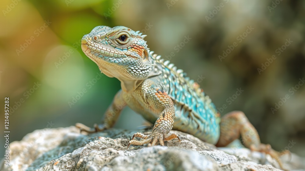 Fototapeta premium A colorful lizard with turquoise and orange scales is perched on a rock, its textured skin and intricate patterns clearly visible. The background is softly blurred