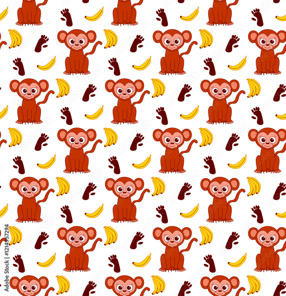 Seamless pattern with cute monkeys with footsteps and bananas. Cartoon vector graphic line background. Seamless pattern with cute monkeys with footsteps and bananas. Cartoon vector graphic line background.
