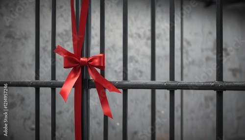 A piece of red ribbon is tied to metal bars with a loop at the end, loop, metal bars photo