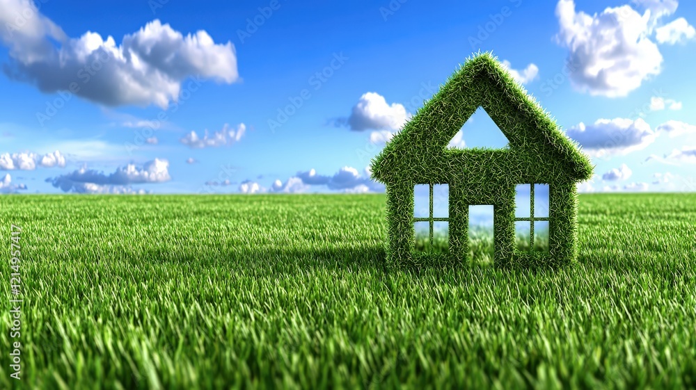 A green house made of grass sits in a lush field under a clear blue sky, symbolizing eco-friendliness and harmony with nature. A green house made of grass sits in a lush field under a clear blue sky, symbolizing eco-friendliness and harmony with nature.