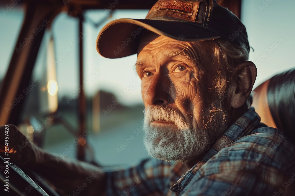Generative AI image of a thoughtful truck driver in a cabin, portraying the life of a long-haul driver Generative AI image of a thoughtful truck driver in a cabin, portraying the life of a long-haul driver