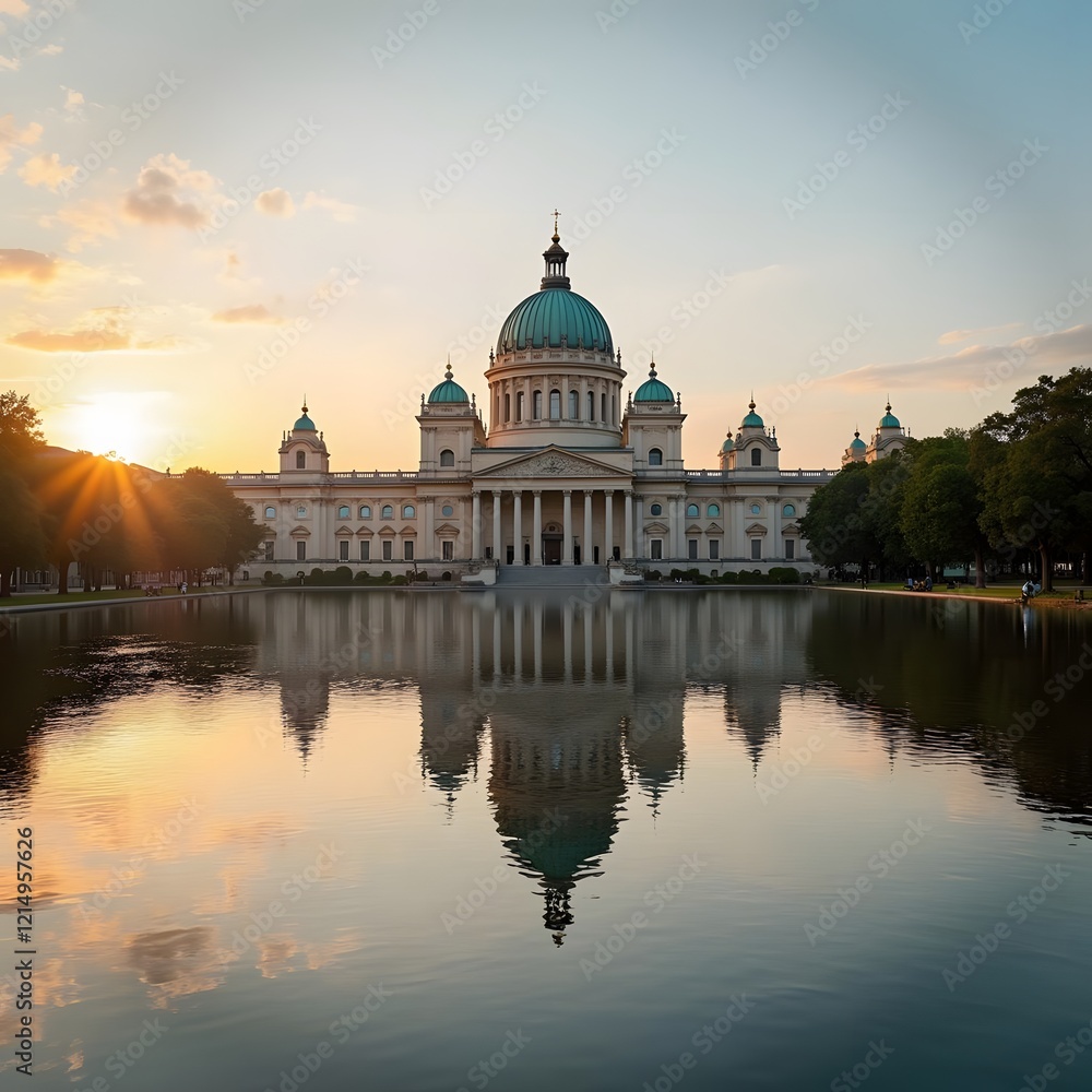 Fototapeta premium Tranquil Lake Sunset Golden Hour Cityscape Reflections