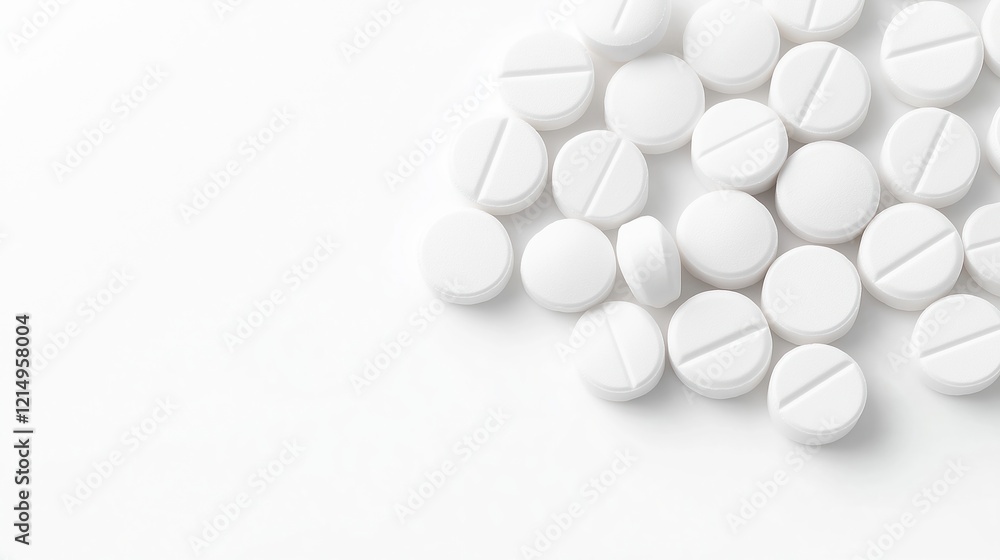 White pills arranged artfully on white surface. Simple, clean medical imagery. Perfect for health care publications pharmaceutical industry. Illustrates purity, simplicity in health. Focus on White pills arranged artfully on white surface. Simple, clean medical imagery. Perfect for health care publications pharmaceutical industry. Illustrates purity, simplicity in health. Focus on