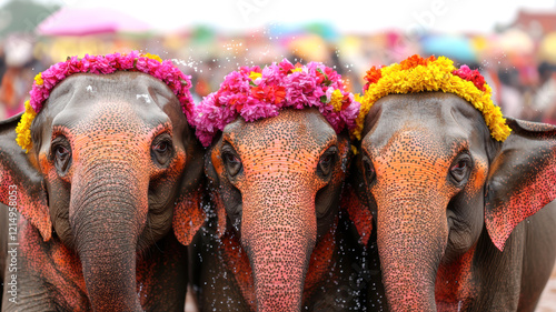 Three decorated elephants wearing colorful floral crowns stand close together, showcasing their adorned faces in a festive atmosphere.