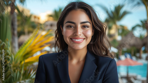 Beautiful Mexican woman hostess at a tropical event at a beach resort
